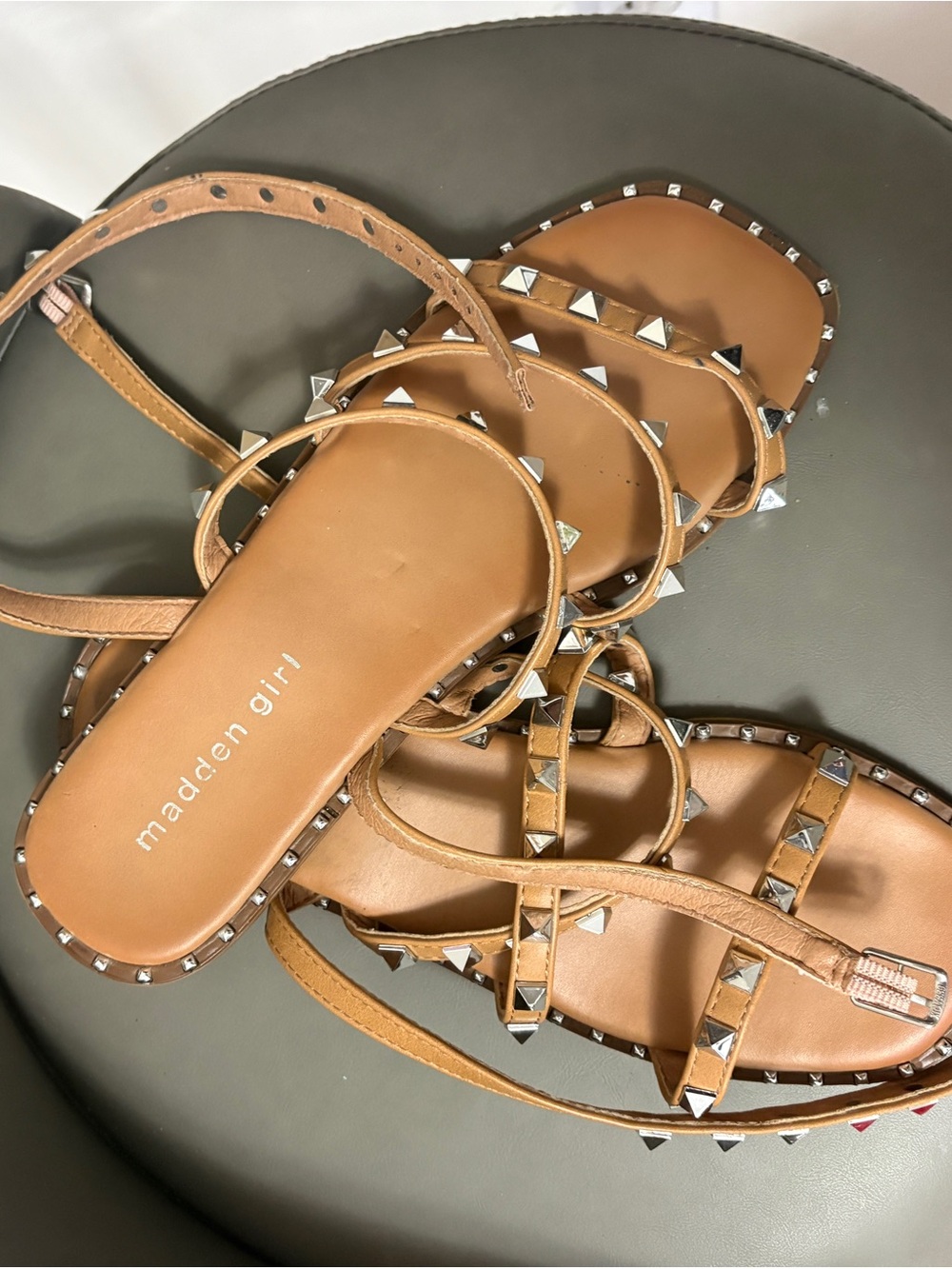 Madden Girl Tan Pyramid Stud Strappy Sandals